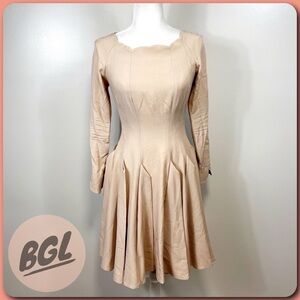 BGL Tan Scallop Scoop Neck Long Sleeve Pleated Dress - 38 / 6